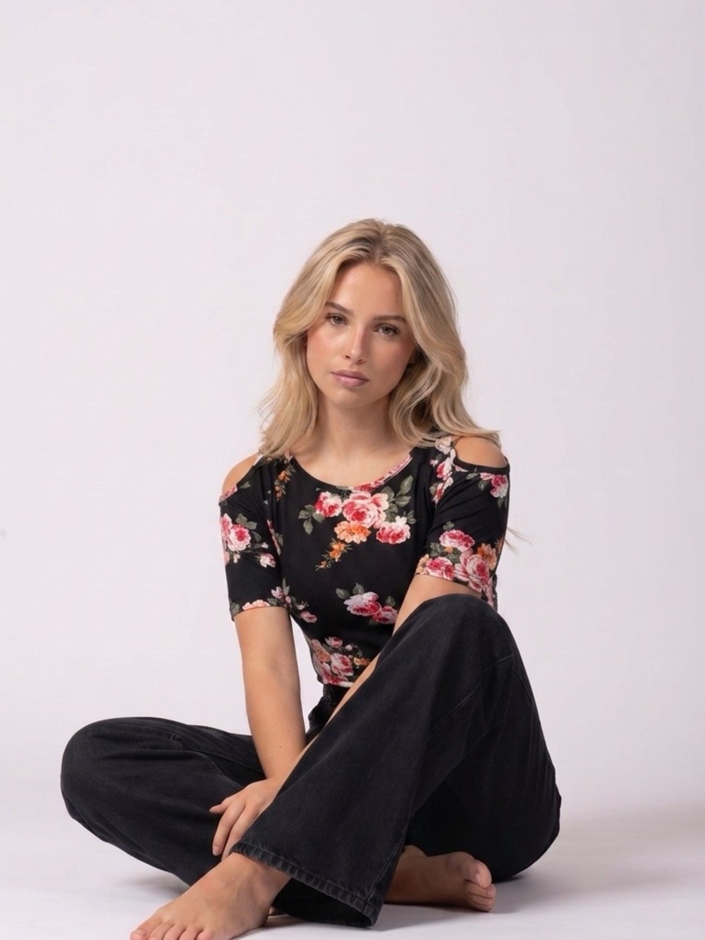 eyes candy Black Floral Scoop Neck Top with Pink and Coral Roses